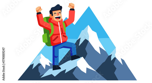 Cartoon Illustration Of A Happy Hiker Celebrating Success Atop A Mountain Peak