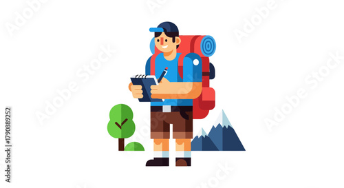 Cartoon Adventurer Taking Notes Amidst Mountainous Landscape and Lush Greenery Design