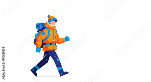 Cartoon Adventurer Trekking Across Snowy Landscape With Backpack Against Black Background