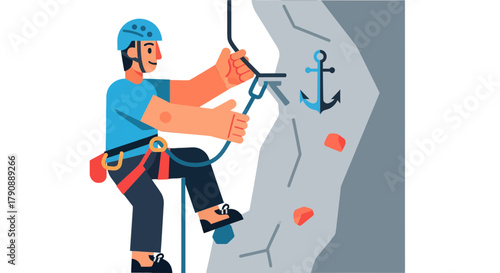 Cartoon Illustration of A Male Rock Climber Ascending a Rocky Cliff Face Safely