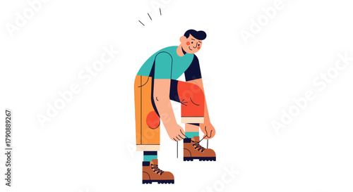 Cartoon Illustration Of A Man Tying His Hiking Boots Ready For Adventure