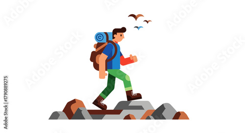 Cartoon Adventurer Trekking Across Rocky Terrain With Backpack And Birds Around