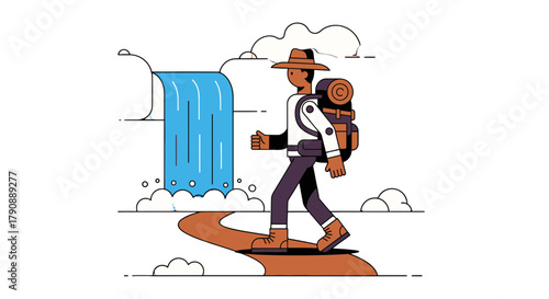 Cartoon Adventurer Trekking Alongside A Waterfall And Heading Towards An Unknown Way