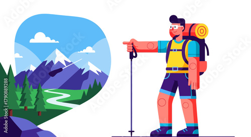 Cartoon Adventurer with Backpack Pointing Towards A Scenic Mountain Landscape View