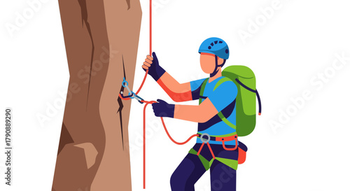 Cartoon Illustration of A Male Rock Climber Ascending a Vertical Cliff Face