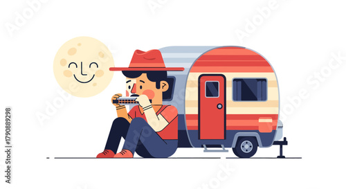 Cartoon Illustration Of A Musician Playing Harmonica Near A Camping Trailer At Night