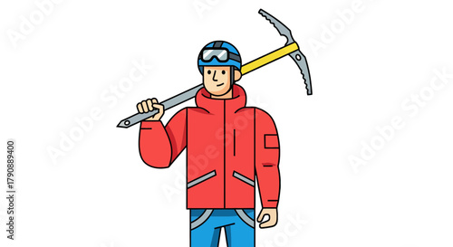 Cartoon Alpinist Standing With Ice Axe Against Black Background In Red Jacket