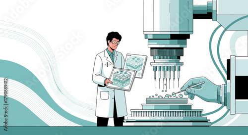 Illustration depicting a scientist conducting cellular research with advanced technology in a