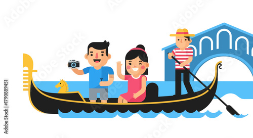 Cartoon Illustration Of Happy Couple Taking Photos On A Venetian Gondola Ride
