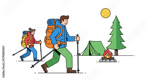 Cartoon Illustration of Hikers Exploring Nature's Embrace And Enjoying The Wilderness