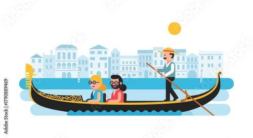 Cartoon Illustration of Gondola Ride in Venice Featuring Tourists and Gondolier