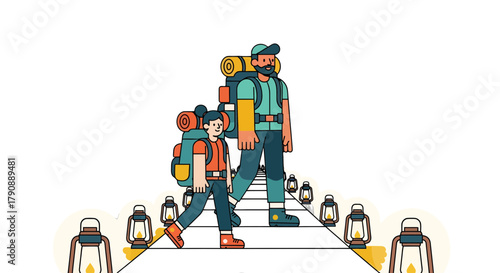 Cartoon Illustration Of Hikers on Illuminated Path, Exploring Adventure Together