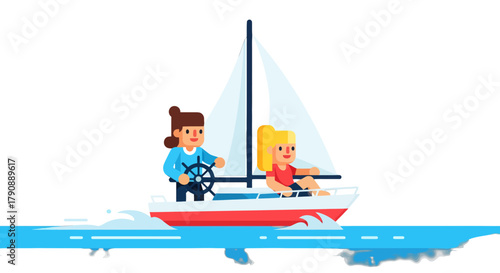 Cartoon Illustration Of Two People Sailing A Yacht And Enjoying The Ocean Adventure