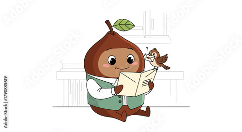 Cartoon Chestnut Character Delighted With The Letter Delivered By Small Bird Creature