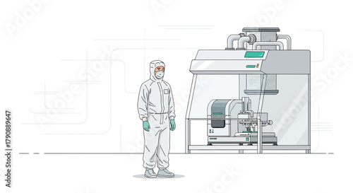 Illustration depicting a worker in cleanroom suit with advanced lab equipment in a research facility