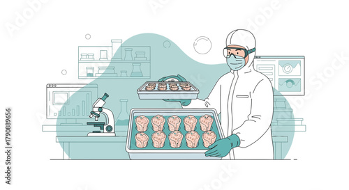 Illustration depicting a scientist working with cell cultures in a laboratory setting for medical