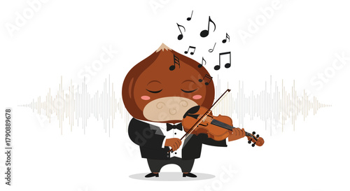Cartoon Chestnut Playing The Violin With Musical Notes And Sound Waves