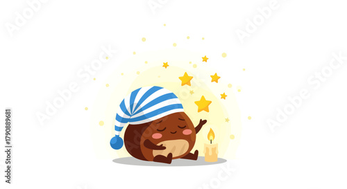 Cartoon Chestnut Wearing Sleep Hat Reaching For A Star With A Burning Candle