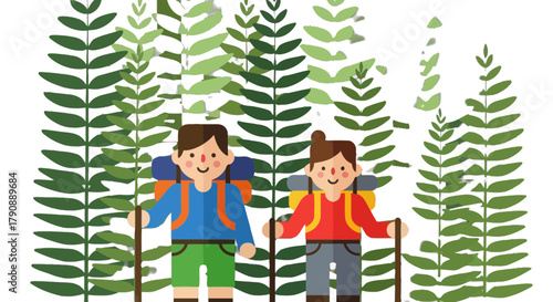 Cartoon Illustrations Illustrating Recreational Hiking Activities Amidst Vibrant Forest Scenery