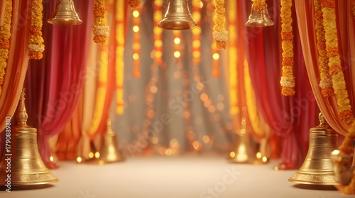 luxury faceless navratri festival background, golden temple bells and marigold garlands, saffron and red drapes with shimmering diyas, copy space pedestal for product placement