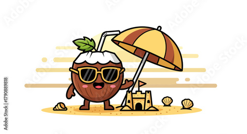 Cartoon Coconut Enjoying Beach Vacation Bliss With Sunglasses And Sunshade Illustration