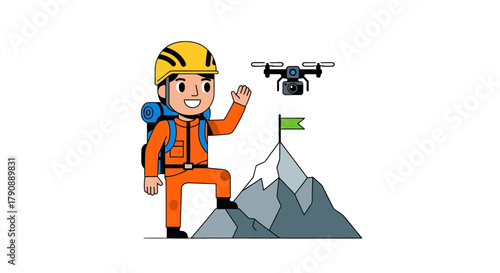 Cartoon Mountain Climber Reaching The Summit, Celebrating Success With A Smile