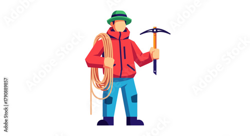 Cartoon Mountain Climber With Rope and Ice Axe Ready For The Adventure Ahead