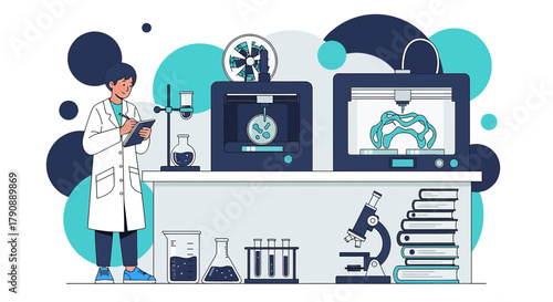 Illustration depicting scientific research with 3D printers and lab equipment in a laboratory
