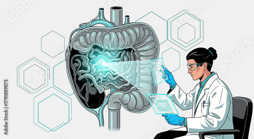 Illustration depicting doctor analyzing human colon using futuristic technology interface  for