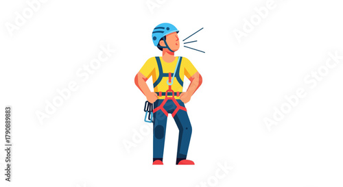 Cartoon Mountain Climber Ready To Adventure While Wearing Safety Equipment and Harness
