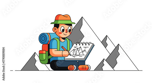 Cartoon Mountain Explorer Sketching Landscape With Backpack In Front Of Snowy Peaks