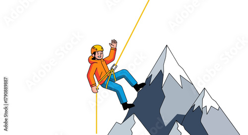 Cartoon Mountain Climbing Illustrated, Safety First When Descending a Cliff Face