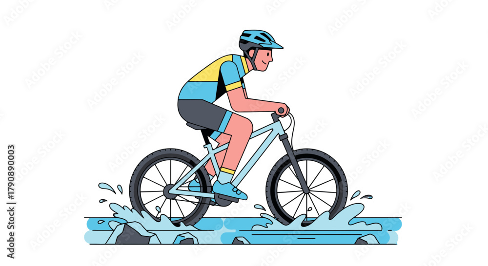 Obraz premium Cartoon Cyclist Crossing Water Obstacle, Fun and Active, Isolated on Black Background