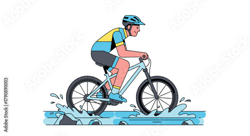 Cartoon Cyclist Crossing Water Obstacle, Fun and Active, Isolated on Black Background