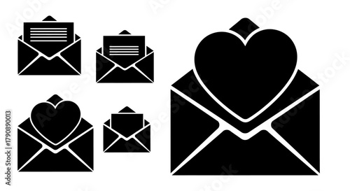 Black and white icons depicting envelopes letters and a heart shape