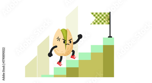 Cartoon Nut Character Ascending Stairs Toward Checkered Flag Reaching A Goal
