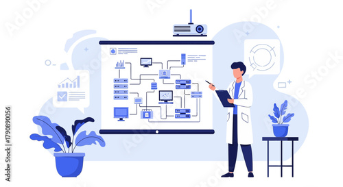 Illustration of a data scientist presenting a complex network architecture design diagram