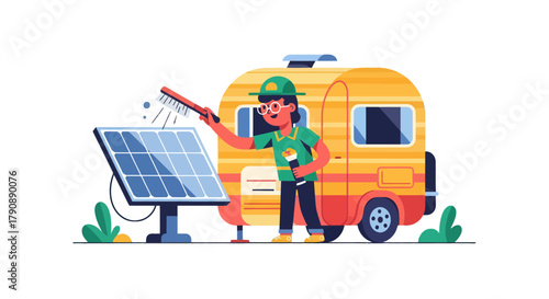 Cartoon Of A Person Cleaning Solar Panels Near A Campervan Illustrative Design