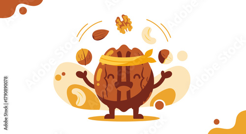 Cartoon Nutty Character Juggling Various Nuts, Expressing Joy And Delightful Illustration