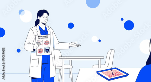 Illustration of a doctor explaining skin graft procedure to patient during consultation session