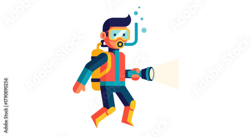 Cartoon Diver Illuminating The Deep Ocean Exploration With A Powerful Flashlight