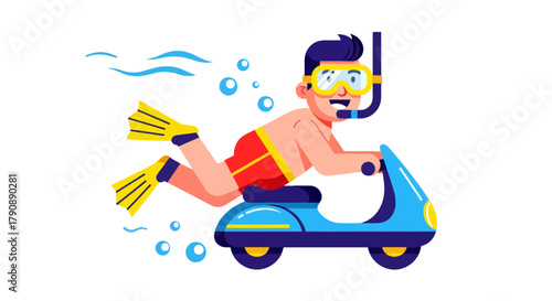 Cartoon Diver On A Scooter Underwater Creating A Playful and Whimsical Scene