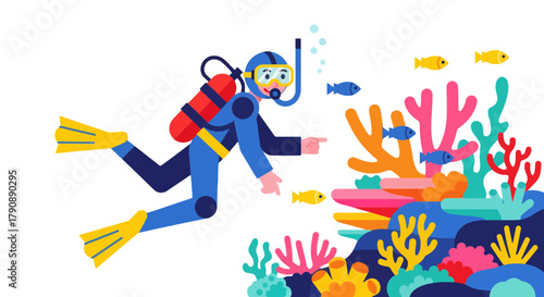 Cartoon Diver Points At Fish Near Coral Reefs Beautiful Undersea Illustratio