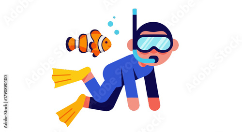 Cartoon Diver Swimming Beside Clown Fish in Dark Marine Environment