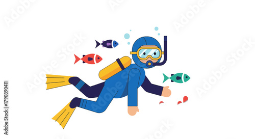 Cartoon Diver Swimming Beside Colorful Fish in the Dark Ocean Waters