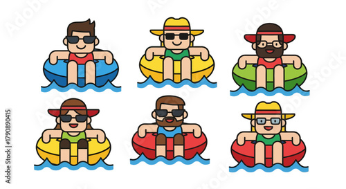 Cartoon People Relaxing on Floats in the Water Enjoying Summer Time Fun