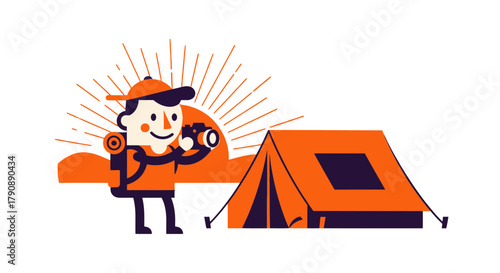 Cartoon Photographer Camping Under the Sun Capturing Moments of Outdoor Adventures