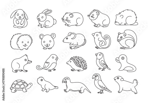 Cute Small Animals Line Art Set: Rabbit, Hamster, Hedgehog, Bird, and Turtle Vector Icons