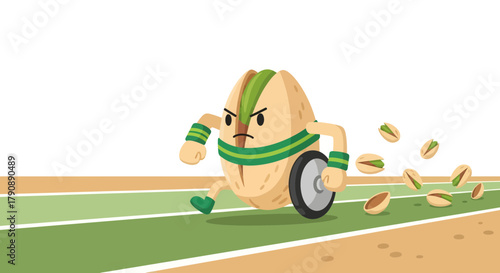 Cartoon Pistachio Athlete Racing on Track Expressing Energy and Motion Creatively