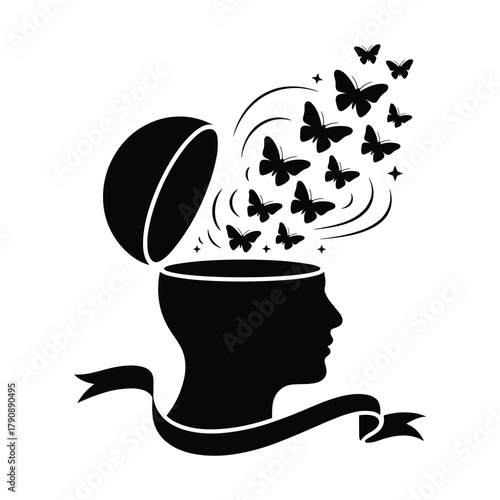 Black silhouette of a human head with an open top releasing butterflies and stars with a ribbon below